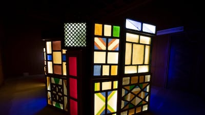 Prince Sutlan Bin Fahad made illuminated coloured light boxes out of windows he collected at flea markets and Friday souqs in Saudi Arabia over the years. Image courtesy Athr and the artist