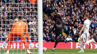 Bukayo Saka scores against Leeds. PA