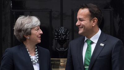Then-British prime minister Theresa May welcomes Mr Varadkar to Downing Street, London, in September 2017. Getty Images