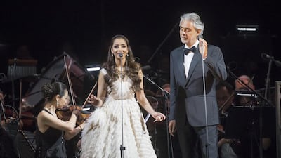 Andrea Bocelli and Balqees perform a duet at du Arena in Abu Dhabi on Friday. Antonie Robertson / The National