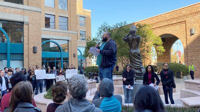 Laurence Berland addresses Google employees about how the company put him on administrative leave during a rally in San Francisco in November, last year. Reuters