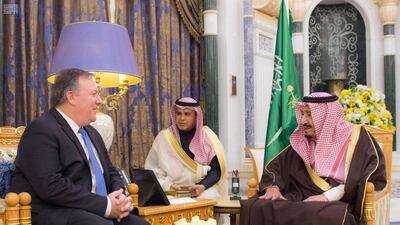 King Salman of Saudi Arabia meets with CIA director Mike Pompeo on Monday in Riyadh. Saudi Press Agency
