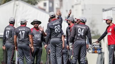 The UAE celebrate a wicket against the USA during the 50-over match in Dubai. Antonie Robertson / The National