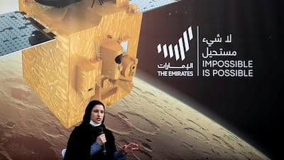 UAE Minister of State for Advanced Technology Sarah Al Amiri, at a press conference held after UAE Hope Probe reached Mars, February 10. Reem Mohammed / The National