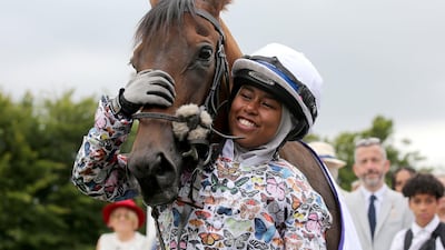 Khadijah Mellah after winning the Magnolia Cup on Haverland at Goodwood, Chichester. All photos: Mark Kerton / PA Wire