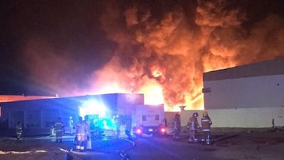 Civil Defence tackle a fire at a petrochemical factory in Umm Al Quwain on Saturday. Courtesy UAQ Civil Defence