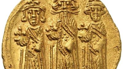 The first Islamic gold coinage: the solidus.Byzantine Solidus.226a) Umayyad Dynasty. Arab-Byzantine solidus ca AH 60-72 (679-691).Courtesy Numismatica Genevensis SAStory by Nick Leech.