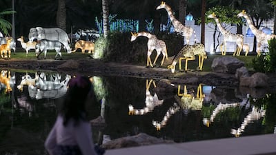 A girl looks at a glowing animal enclosure. Reem Mohammed / The National