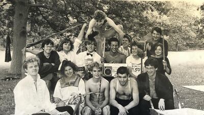 After discovering a love of reading at the prestigious Westminster School, Omar Al Qattan, seen holding the radio above with the cast of 'A Midsummer Night's Dream' in 1984, would go on to study English literature at Oxford University. Courtesy Omar Al Qattan