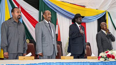 From left, Ethiopian Prime Minister Abiy Ahmed, President of Sudan's Transitional Council Gen Abdel Fattah Al Burhan, President of South Sudan Salva Kiir and Uganda's President Yoweri Museveni in Juba, South Sudan, for the start of peace talks with Sudanese rebels on October 14, 2019. AFP