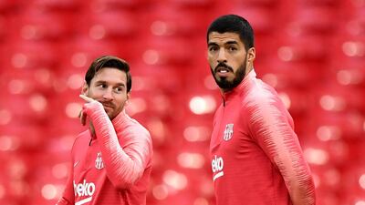 Lionel Messi and Luis Suarez during a training session at Wembley Stadium. EPA