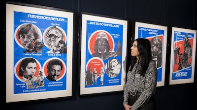 Star Wars posters ranging from £100 to £24,000 go on view at Sotheby's in London, England. Highlights from Sotheby's Star Wars Online sale are on view until 11 December, featuring posters, toys and props from the original trilogy. Getty Images