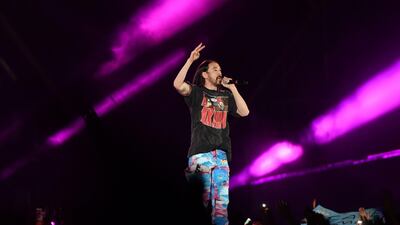 Steve Aoki on stage in Jeddah. / AFP / AMER HILABI