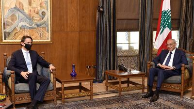 Lebanon's Parliament Speaker Nabih Berri (R) meets US Senior Advisor for Energy Security Amos Hochstein in Beirut on October 24. Mr Hochstein arrived in Lebanon the previous day in a bid to rekindle talks over a maritime border dispute between Lebanon and Israel that is holding up oil and gas explorations. The newly appointed envoy to the US, a long-time close adviser to President Joe Biden, is also due to tackle Lebanon's dire energy crisis in his meetings. AFP