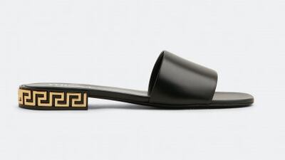 Greca Mules, Dh2,950, Versace, Level Shoes. Photo: Level Shoes