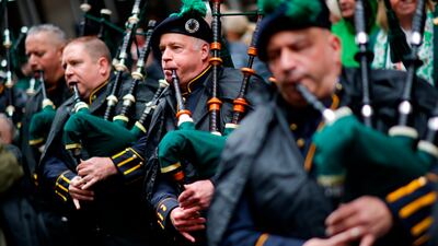 Bagpipers warm up near Fifth Avenue in New York. AP
