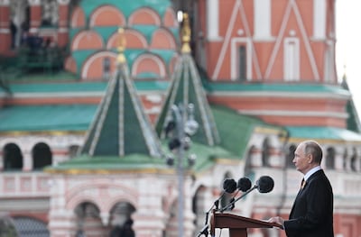 President Vladimir Putin addresses crowds during the Victory Day military parade. EPA