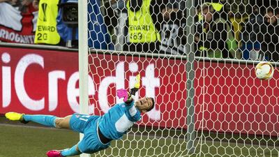 Sevilla goalkeeper David Soria reacts to Daniel Sturridge’s opener for Liverpool. Nnio Leanza / AFP