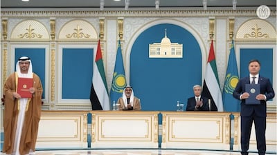Sheikh Khaled bin Mohamed, Crown Prince of Abu Dhabi, and Kazakhstan's President Kassym-Jomart Tokayev attend a signing ceremony at an investment forum in Astana. Photo: AD Ports Group