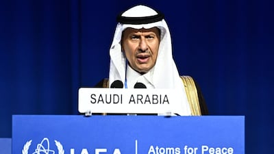 Prince Abdulaziz Bin Salman speaks during the 69th regular plenary session of the International Atomic Energy Agency (IAEA) at its headquarters in Vienna. AFP