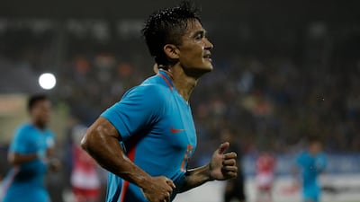 Sunil Chhetri scored in the eighth and the 29th minute to get equal with Lionel Messi. Rafiq Maqbool / AP Photo