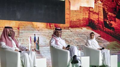 Fahd Hamidaddin, chief executive of Saudi Tourism Authority (left), discusses the kingdom's tourism prospects on an Arabian Travel Market panel alongside Seera Group acting chief executive Majed Alnefaie (centre) and FNN International founder Afnan Alshuaiby. Antonie Robertson / The National