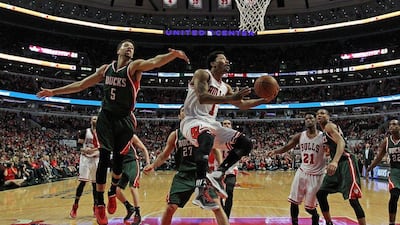 Derrick Rose of the Chicago Bulls goes for a layup on Saturday night in his team's NBA play-offs win over the Milwaukee Bucks. Jonathan Daniel / Getty Images / AFP / April 18, 2015