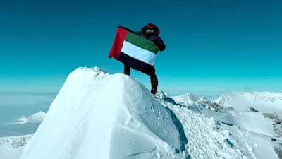 Emirati mountaineer Fatima Al Awadhi at the summit of Mount Vinson in Antarctica. Wam
