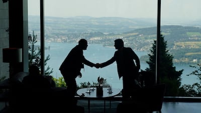 Delegation members meet on the day of a quadrilateral meeting between the US, Iran, Pakistan and Qatar at Burgenstock complex overlooking Lake Lucerne. AFP