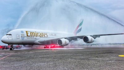 Emirates' Airbus A380 aircraft gets a traditional traditional water canon salute on arrival at Taipei Taoyuan International Airport. Courtesy Emirates
