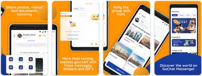 Features of GoChat Messenger, which is available on iOS and Android.