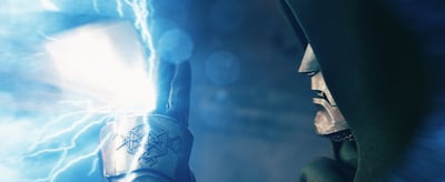 Doctor Doom, played by Robert Downey Jr, stops Thor’s Stormbreaker in the Avengers: Doomsday trailer, offering an early demonstration of the villain’s power. Photo: Marvel Studios