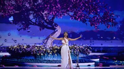 Natalia Barbu, representing Moldova, performs her song 'In the Middle' during the first semi-final. AFP