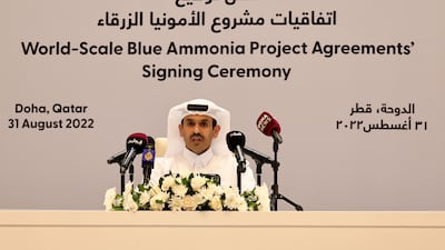 Saad Al Kaabi, Qatar’s Minister of State for Energy Affairs, and president and chief executive of QatarEnergy, speaks during the Ammonia-7 project signing ceremony in Doha yesterday. AFP