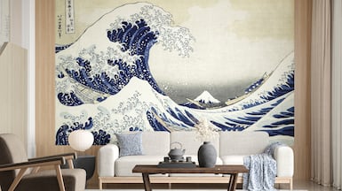 Wallpaper imprinted with The Great Wave off Kanagawa by Japanese artist Katsushika Hokusai. Photo: The Met x Sedar Global.