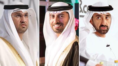 From Left to right: Sultan Al Jaber, the new director of Abu Dhabi National Oil Company; Suhail Al Mazrouei, appointed Minister of Energy in 2013; Homaid Al Shemmari, expected to be named the acting chief executive of energy at Mubadala. Photos by Delores Johnson / The National and Ryan Carter / Crown Prince Court;