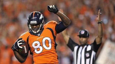 Denver Broncos tight end Julius Thomas celebrates one of his two touchdowns last week. Jack Dempsey / AP Photo