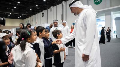 Sheikh Khaled bin Mohamed, member of the Abu Dhabi Executive Council and head of the Abu Dhabi Executive Office, attends the EmiratesSkills National Competition at the Abu Dhabi National Exhibition Centre