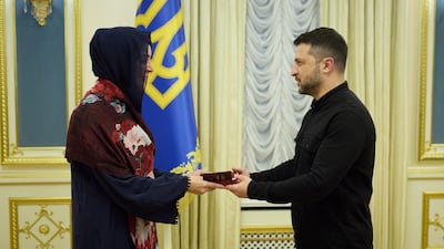 Reem Al Hashimy receives the Order of Princess Olga, First Class, from President Volodymyr Zelenskyy. Wam
