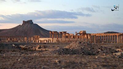 The ancient ruins of the city of Palmyra in Syria, with the Citadel of Palmyra in the background. Militant video via AP