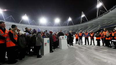 Britain's prime minister David Cameron makes a speech alongside London mayor Boris Johnson, after turning on the floodlights during an official switching-on ceremony at the Olympic Stadium in 2010.