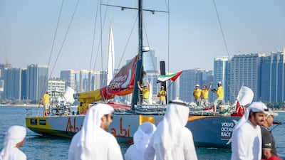 In this handout image provided by the Volvo Ocean Race, Abu Dhabi Ocean Racing, third team to arrive to Abu Dhabi after Leg 2 from Cape Town. (Photo by Francois Nel/Volvo Ocean Race/Getty Images)