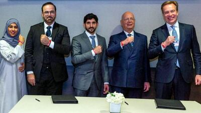 Sheikh Hamdan bin Mohammed, Crown Prince of Dubai, Mohammed Al Gergawi, Minister of Cabinet Affairs and The Future, Hessa Buhumaid, Minister of Community Development, and Klaus Schwab, executive chairman of the World Economic Forum, wear the Special Olympics red wrist band in Davos, Switzerland support of the World Games that will be held in Abu Dhabi in March. Courtesy Dubai Media Office