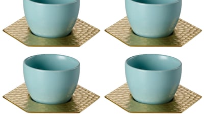Ceramic cups and brass saucers from Ikea's Ramadan 2020 collection designed by Nada Debs