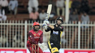 Kerala Knights all-rounder Wayne Parnell goes for a big hit against Sindhis in the T10 League on Thursday in Sharjah.