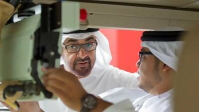 Sheikh Mohamed bin Zayed, Crown Prince of Abu Dhabi and Deputy Supreme Commander of the UAE Armed Forces, visits the Mubadala stand while touring the Idex yesterday. Ryan Carter / Crown Prince Court – Abu Dhabi