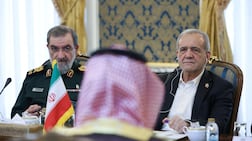 Iran's President Masoud Pezeshkian, right, and security chief Mohsen Rezaei meeting Saudi Defence Minister Prince Khalid bin Salman, Pakistan’s army chief Field Marshal Asim Munir, and Turkish intelligence chief Ibrahim Kalin in Tehran. Reuters