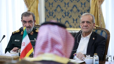 Iran's President Masoud Pezeshkian, right, and security chief Mohsen Rezaei meeting Saudi Defence Minister Prince Khalid bin Salman, Pakistan’s army chief Field Marshal Asim Munir, and Turkish intelligence chief Ibrahim Kalin in Tehran. Reuters