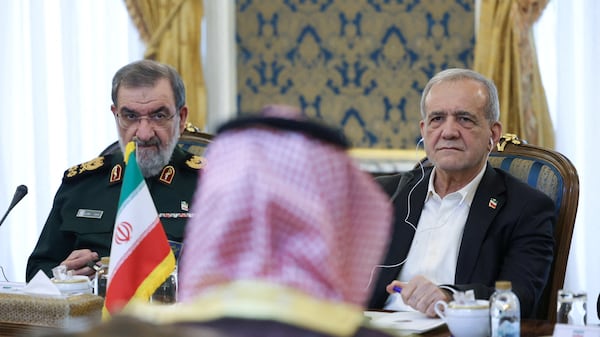 Iran's President Masoud Pezeshkian, right, and security chief Mohsen Rezaei meeting Saudi Defence Minister Prince Khalid bin Salman, Pakistan’s army chief Field Marshal Asim Munir, and Turkish intelligence chief Ibrahim Kalin in Tehran. Reuters
