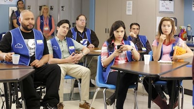 The stars of OSN’s new comedy Superstore, front row, from left, Colton Dunn as Garrett, Ben Feldman as Jonah, and America Ferrera as Amy. Getty Images